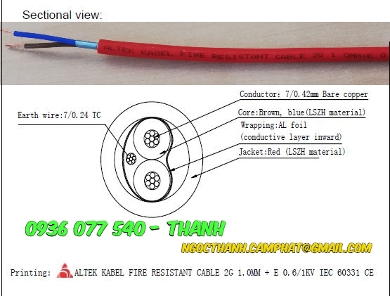 Cáp chống cháy 2X1.0 mm2 Altek Kabel